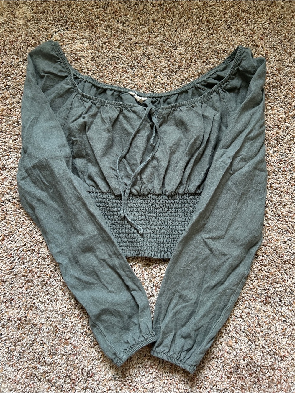 Aeropostale Linen Blend Smocked Waist Long Sleeve Crop Top